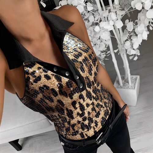 Womens 2025 Womens Slim Sequin Lapel Sleeveless Top
