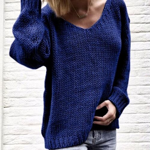 2020 Casual Women Loose Solid Color Knitted Sweater V Neck