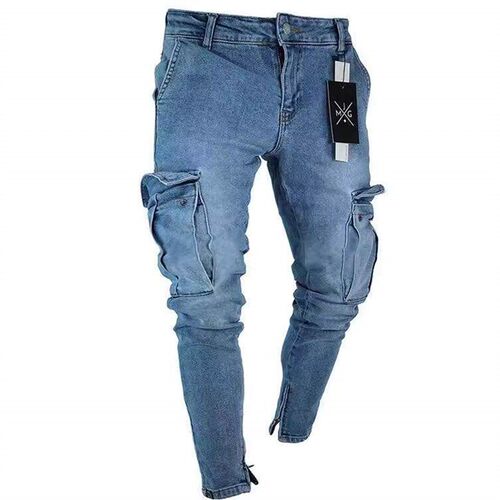 Stretch mens jeans with knee hole zipper and small leg