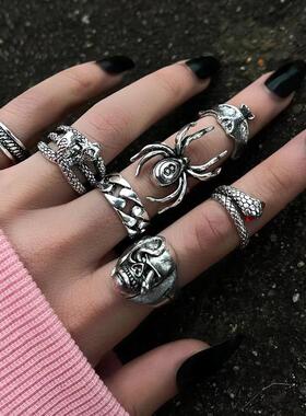 Retro Dark Style 7Piece Hip Hop Rings Spider Snake Bat Skull