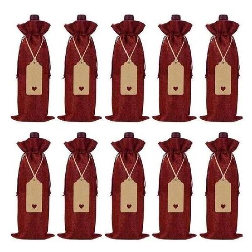 10PCS 15*35cm Rustic Jute Burlap Wine Bags Drawstring Wine