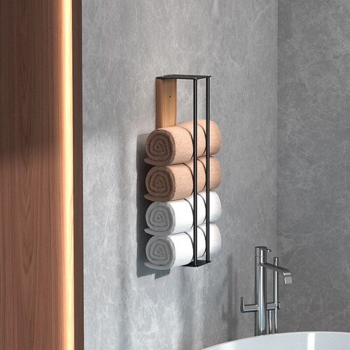 Towel storage rack, wooden board wall mountedmetal bathroom