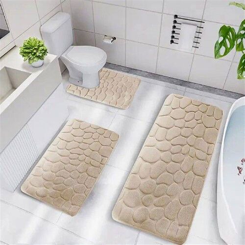 3 Pieces Bathroom Bath Mat Cobblestone Embossed Memory