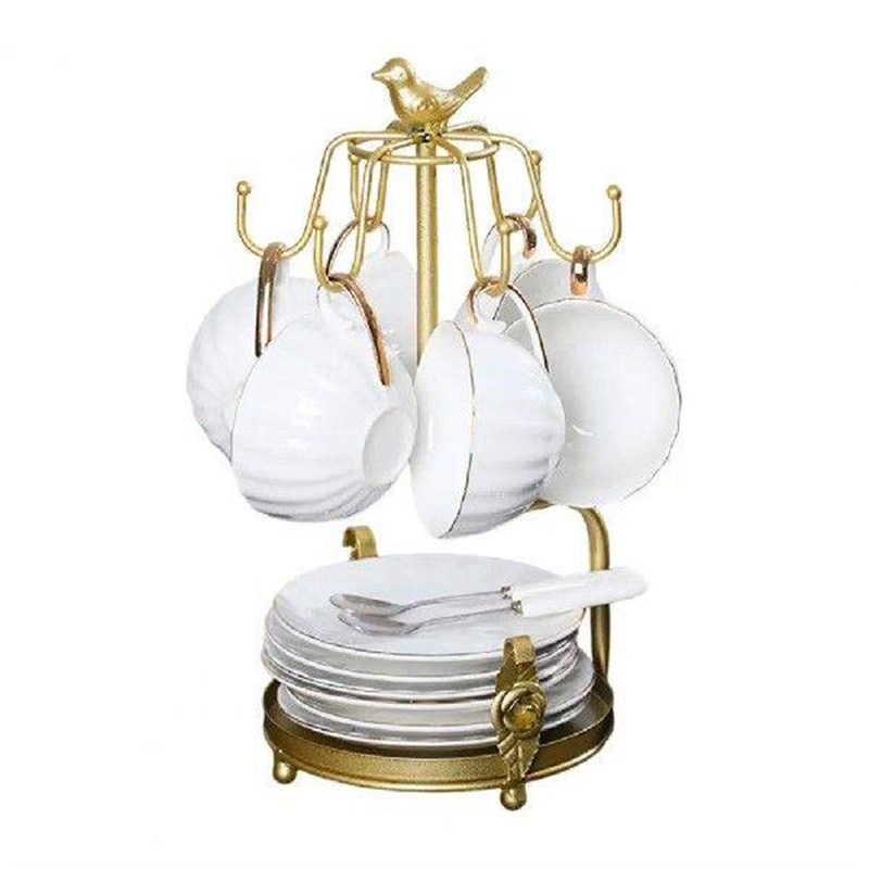 Tea Cup Holder with 6 Hooks Metal Cup Saucer Display Stand - 实物图