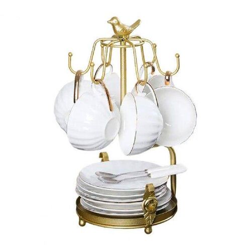 Tea Cup Holder with 6 Hooks Metal Cup Saucer Display Stand