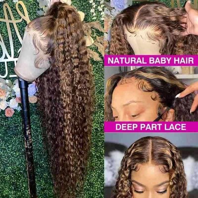 30 34 Inch Highlight Ombre Lace Front Wig Curly Human Hair W