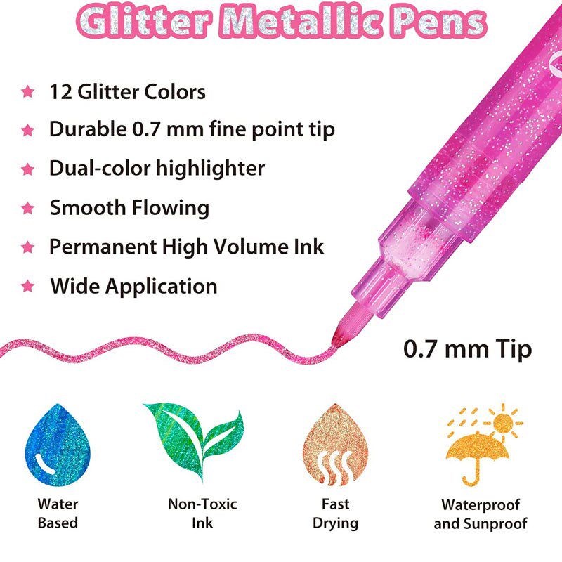 Glitter Markers Pen 12 Glitter Colors Metallic Shimmer闪光笔 - 实物图