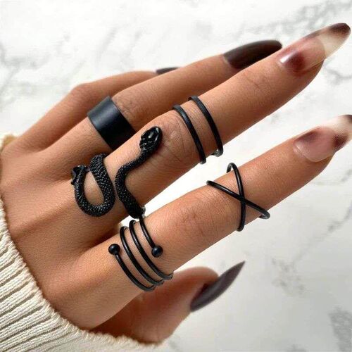 Punk Snake Black Rings Set For Women Vintage Geometric Metal