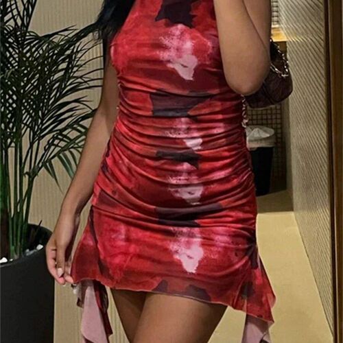 wsevypo Solid Color/Tie-dye Print Ruffled Mini Dress Women S