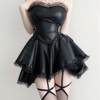 QWEEK Leather Sexy Black Dress Bandage Off Shoulder Hollow
