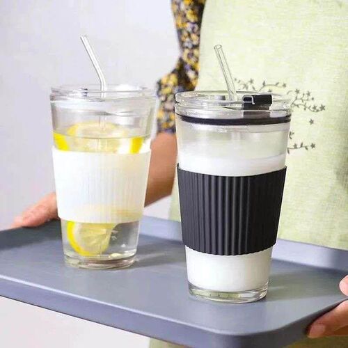 450ml With Straw Glass Coffee Cup Thick Glass Mug Milk Juice