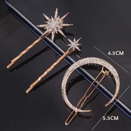New Geometric Stars Moon Rhinestone Hair Clip Set Snowflake