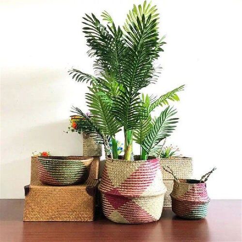 Folding Straw Wicker Storage Basket Handle Garden Flower