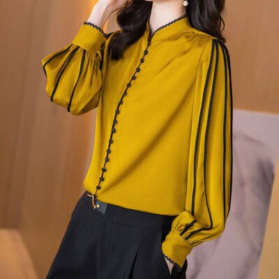 Yellow and Black Real Silk Shirt Spring Autumn Fashion Blous