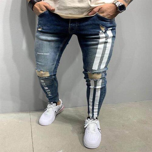Printed mens ripped black leggings, painted jeans,