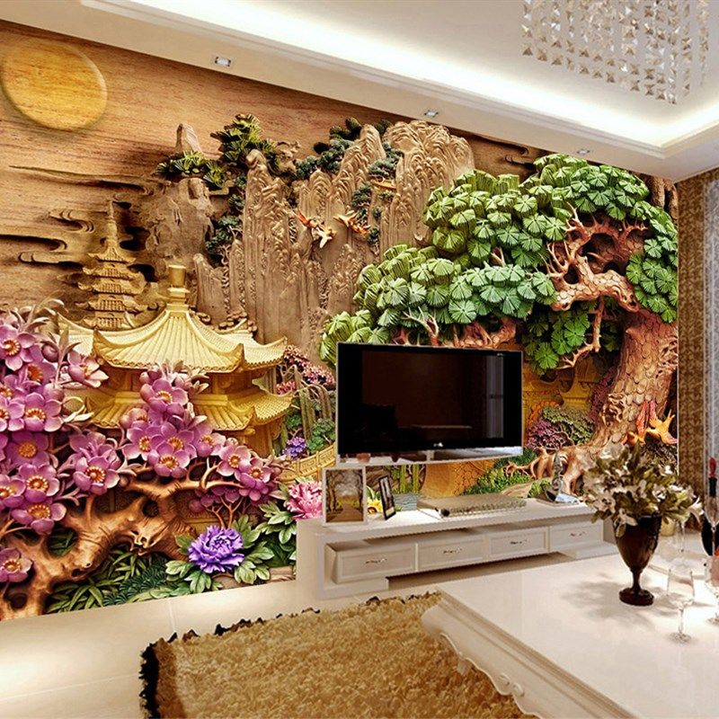 电视墙壁纸现代中式客厅沙发背景墙迎客松墙纸3d立体山水壁画墙布