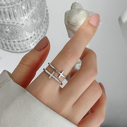Silver Color Double Cross Flashing Zircon Open Rings for Wom