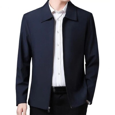 Men Coat Smooth Zipper Lapel Collar Solid Color Middle-aged