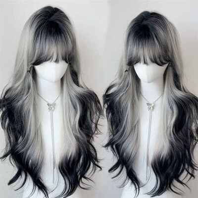 Long Wavy Synthetic Omber Black And White Wigs with Bangs