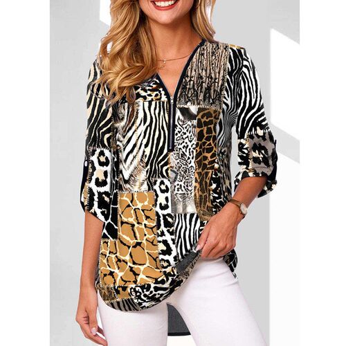 V-neck Zipper Plus Size Women Long Sleeve Sleeve Loose Shirt - 封面