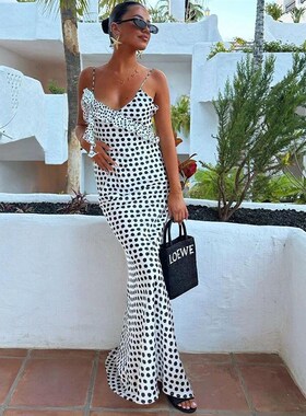 JULISSA MO Sexy Backless  Print Dots Flower Women Maxi