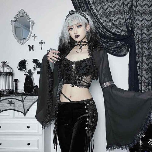 Womens Autumn New Gothic Style Lace Bell Sleeve Blouse ops