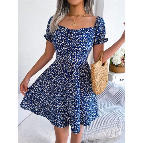 Women Casual Ruffles Short Sleeve Floral Print A Line Dress