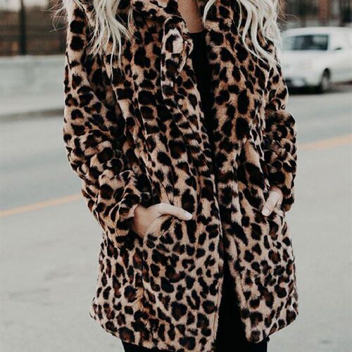 2023 Autumn Winter Womens Leopard Faux Fur Coat Female