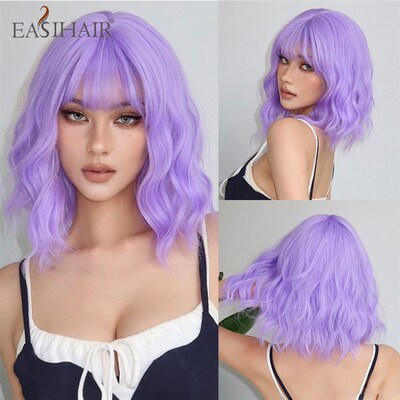 Short Synthetic Wigs Purple Blue Curly Wave Wigs with Bangs