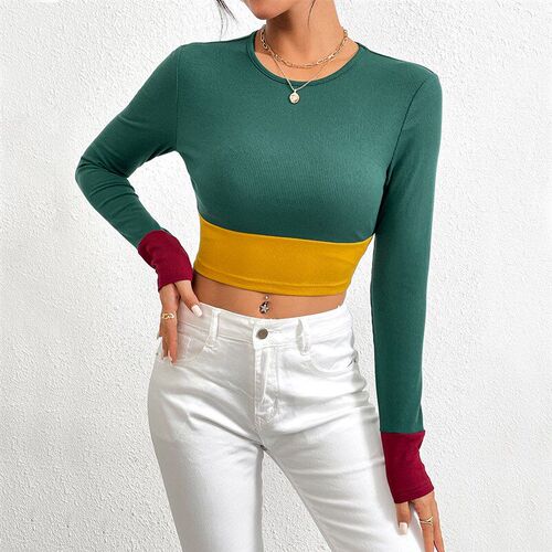 2025 FW Slim Round Neck Short Patchwork Contrast Color Long