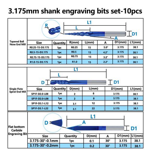 Solid Carbide Engraving Bit 10pcs 3.175mm Shank CNC End Mill