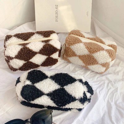 1 Pc Women Soft Plush Makeup Bag Zipper Checkerboard Cosmeti