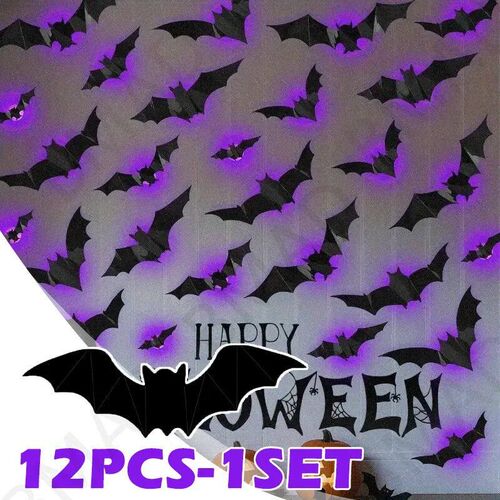 12PCS-1Set Halloween 3D LED Bat Light Glow in Dark Night Lig