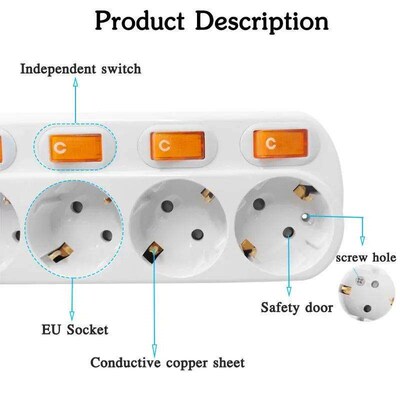 .Power Strip EU Plug Extension Socket 16A 250V 3/4/5/6Ways O