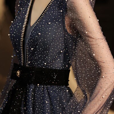 Navy Blue Deep V Neck Beading Slim Starry Evening Dress Fant