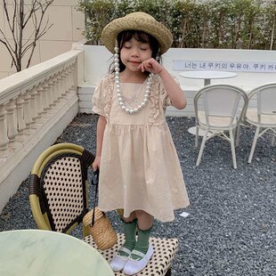 Collar Bow Embroidered Childrens Dress Square Girls Wear