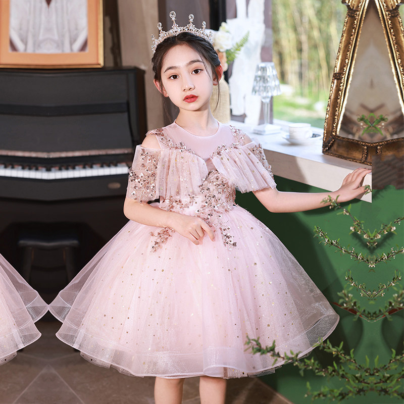 儿童礼服公主裙女童生日粉色小女孩花童主持人钢琴演出服演奏短款