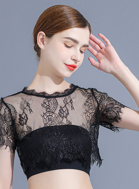 吊带裙内搭t恤女短袖纱衣短款黑色蕾丝打底衫女薄款镂空蕾丝上衣