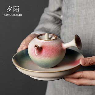 日式风侧把茶壶壶承组合高档铁胎单壶陶瓷泡茶壶家用粗陶复古茶具