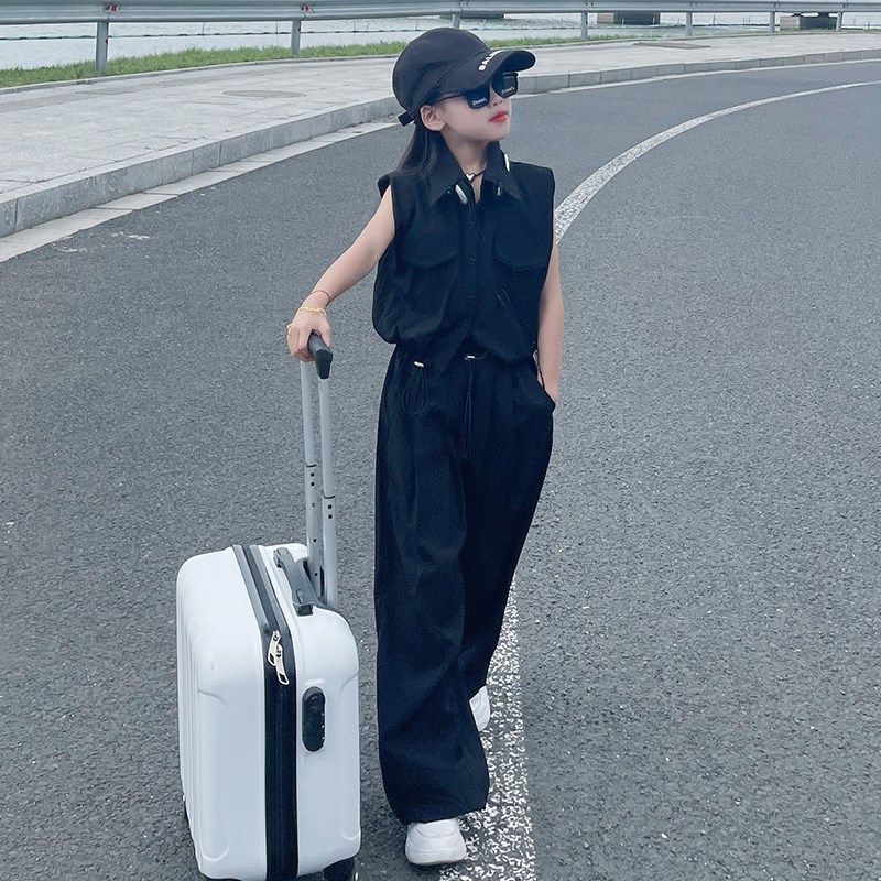 女童洋气套装2024夏季新款大童无袖短款衬衫高腰休闲阔腿裤两件套