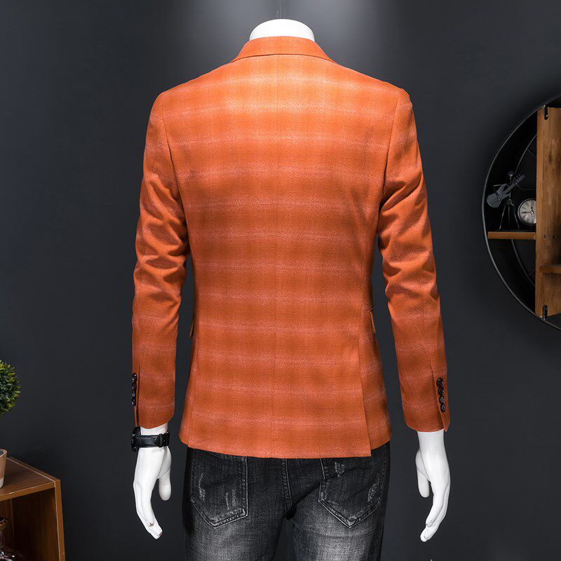 春款男士休闲时尚格子西装外套便西修身大码宴会礼服西服褂子上衣