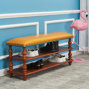 美式实木换鞋凳皮北欧进门口穿鞋凳子欧式家用收纳鞋架客厅鞋柜子