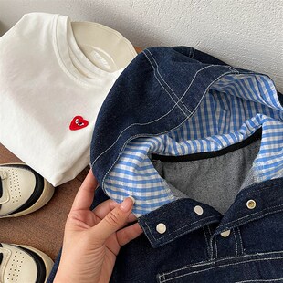 儿童软牛仔衣男童春秋套头衫小童口袋上衣明线宝宝连帽外套女洋气