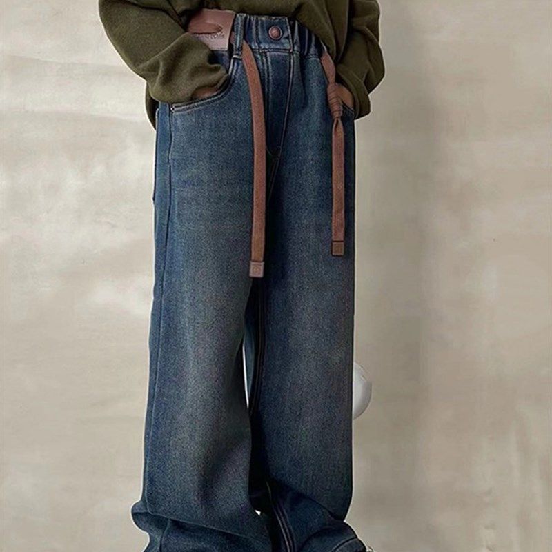 2024冬季女童加绒牛仔裤加厚宽松阔腿裤儿童一体绒休闲裤子亲子装