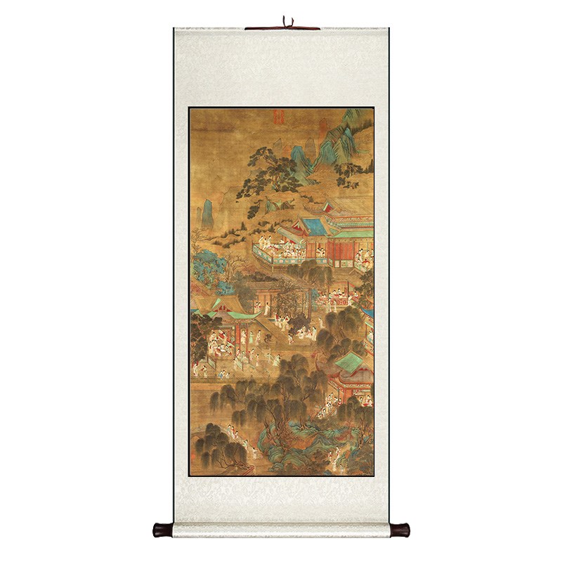 宫女游园图国画中式卷轴挂画竖版玄关过道装饰画客厅餐厅书房墙画