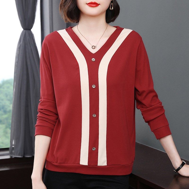 妈妈纯棉长袖T恤女2024春秋装新款中老年V领上衣时尚气质打底衫潮