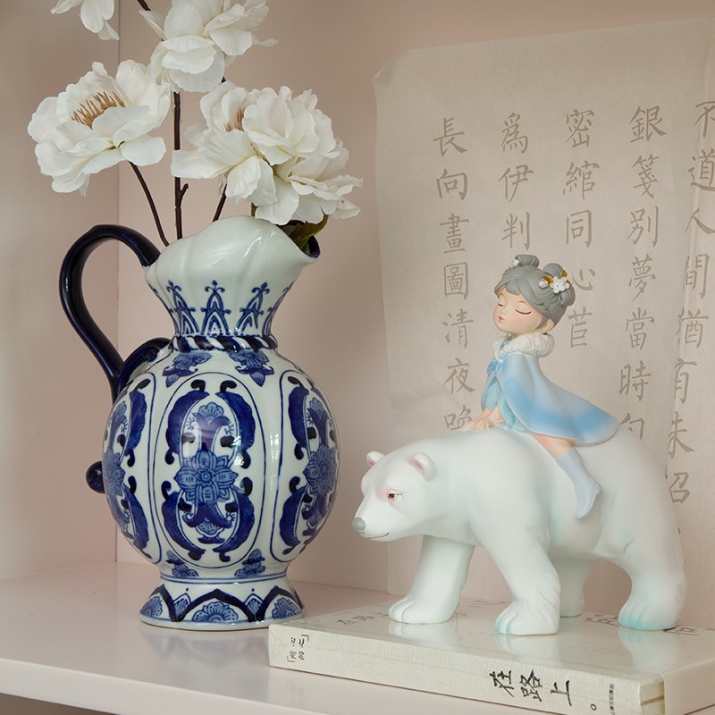 粉色新中式飞天女孩人物桌面小屏风青花瓷瓶太湖石摆件家居工艺品