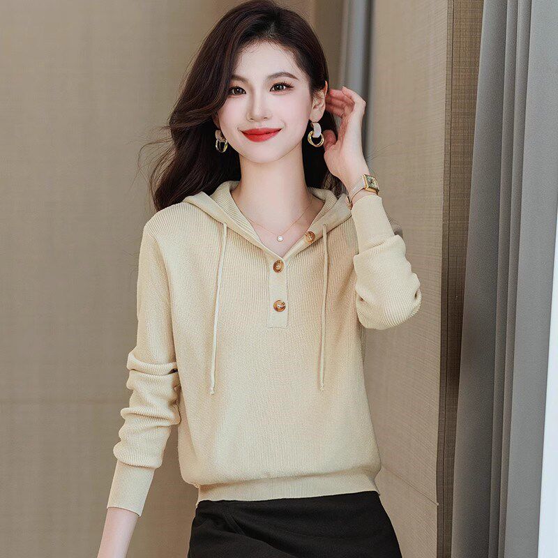 连帽短款毛衣女春季套头小个子气质上衣高级感带帽卫衣长袖针织衫