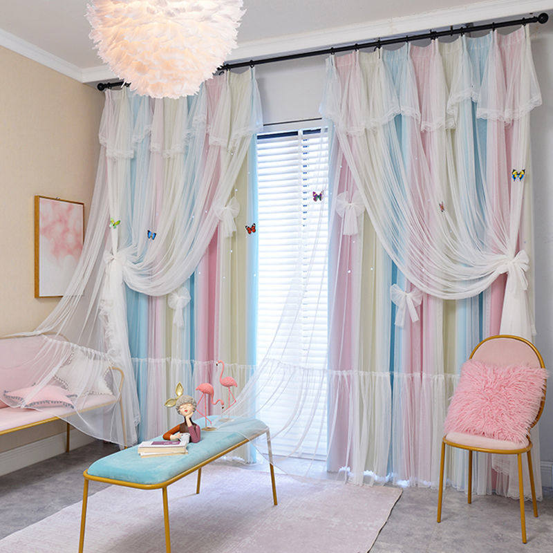 2021新款北欧少女心公主风双层布纱一体镂空星星卧室飘窗遮光窗帘,居家布艺,定制窗帘,淘宝优惠券,粉丝福利购,淘宝优惠卷