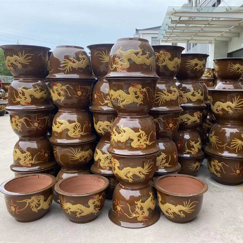 加厚陶瓷龙缸大花盆黑釉盆土陶缸铁树花盆庭院家用大型绿植专用盆